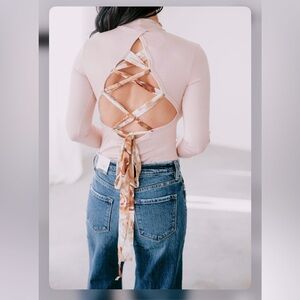 Wisteria Lane Lace Up Back Bodysuit Size Large Nude Long Sleeve Mock Neckline